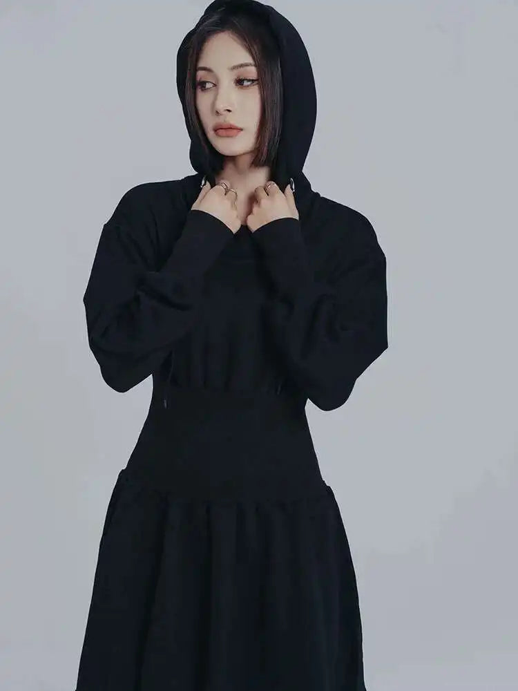 Women Black Big Size Elasitc Waist Mini Dress New Hooded Long Sleeve Loose Fit Fashion Tide Spring Autumn 2025 1DF0709