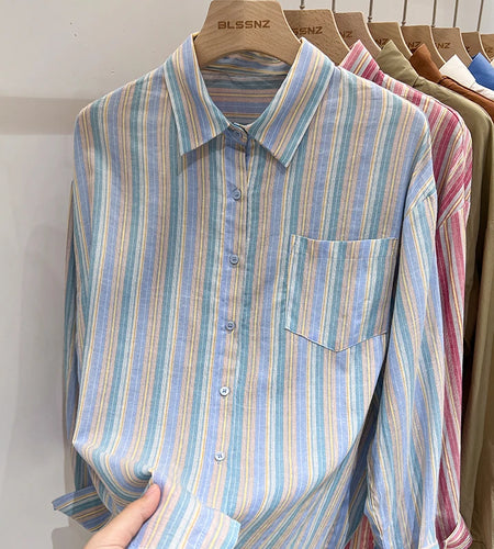 Women Pink Striped Loose Blouse 2023 Office Turn-down Collar Long Sleeve Vintage Blue Patchwork Single Breasted Top Shirt Autumn