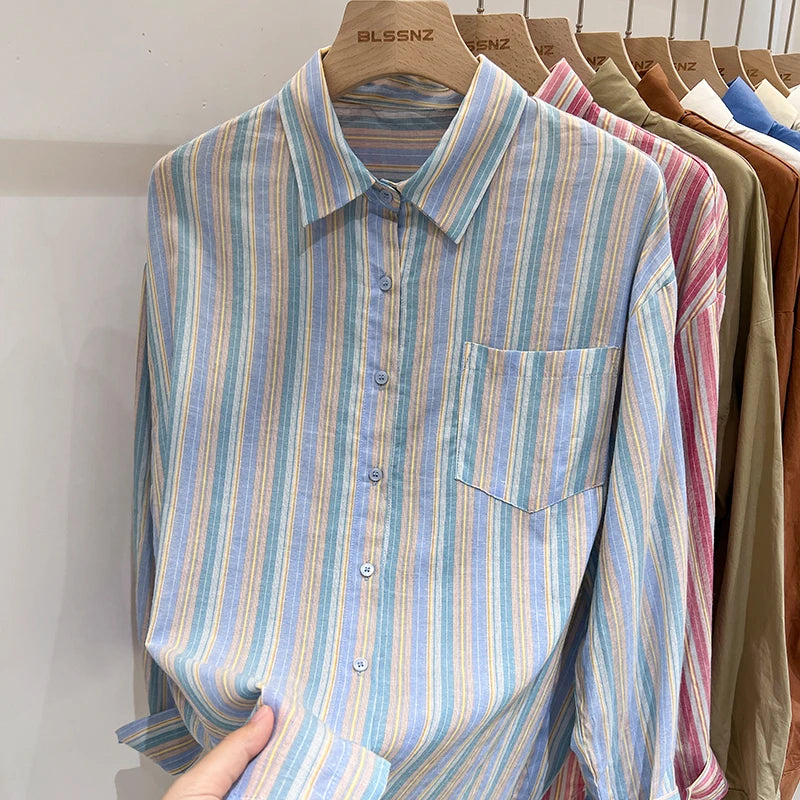 Women Pink Striped Loose Blouse 2023 Office Turn-down Collar Long Sleeve Vintage Blue Patchwork Single Breasted Top Shirt Autumn