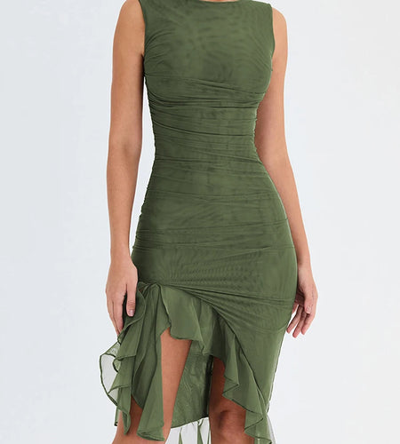 Elegant Ruffle Ruched Midi Dress For Women Robe Summer New Backless Sleeveless Irregular Club Party Sexy Dress Vestido