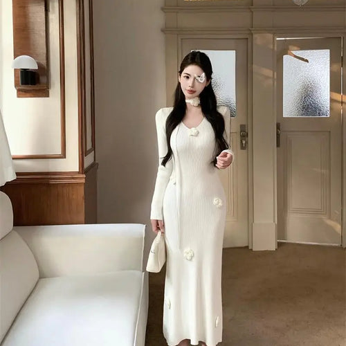 Load image into Gallery viewer, New Solid Flower Decorate V Neck Long Sleeve Knitted Dress Autumn Winter French Fashion Slim Long Sleeves Elegant Wrap Hip Dress
