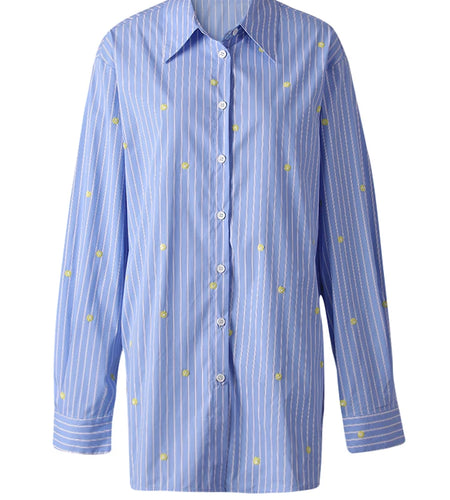 Women Blue Striped Dot Big Size Elegant Blouse New Lapel Long Sleeve Shirt Fashion Tide Spring Autumn 2025 CPG3310