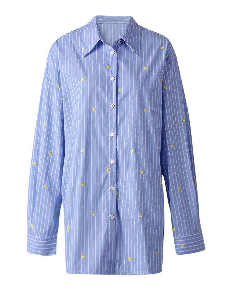 Women Blue Striped Dot Big Size Elegant Blouse New Lapel Long Sleeve Shirt Fashion Tide Spring Autumn 2025 CPG3310