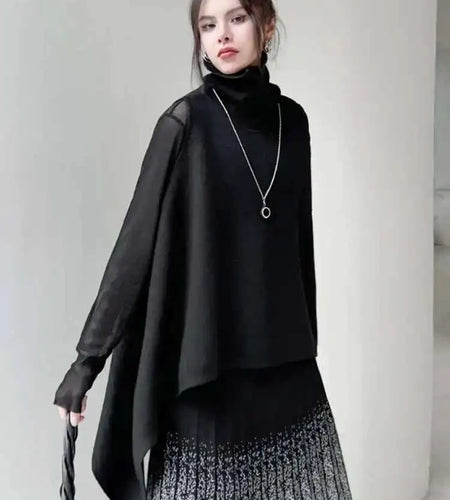 Black Irregular Big Size Knitting Sweater Turtleneck Sleeveless Women Pullovers New Fashion Spring Autumn 2025 1DH6998