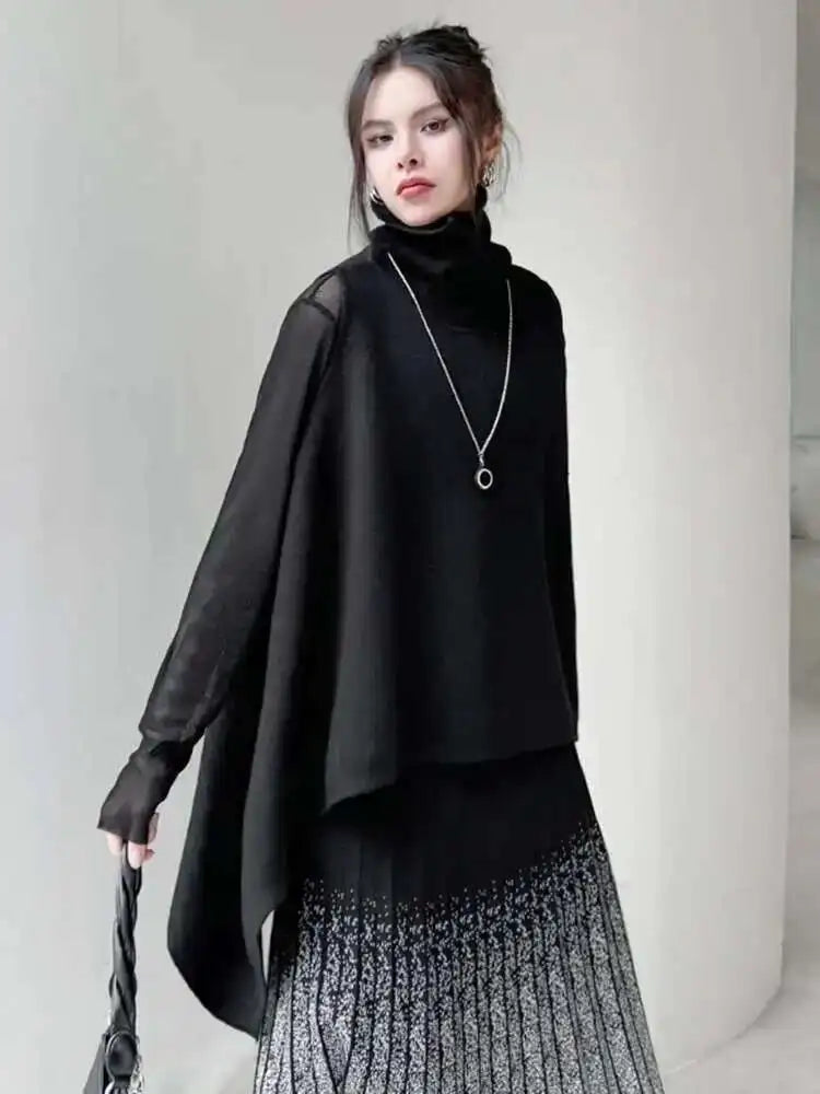 Black Irregular Big Size Knitting Sweater Turtleneck Sleeveless Women Pullovers New Fashion Spring Autumn 2025 1DH6998