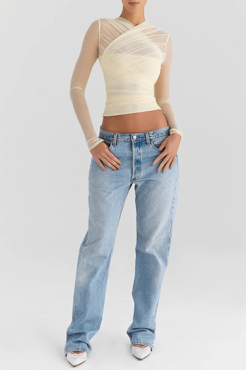 Sheer Mesh Long Sleeve Sexy T-shirt Women 2023 Autumn New V Neck Zipper Layered Skinny Club Party Sexy Tops