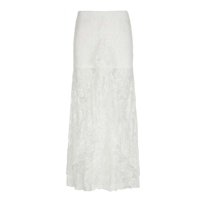 Fashion Asymmetrical Ruffles Sexy Lace Skirt Women White See Through Streetwear Club Party Design Long Skirt Outfits