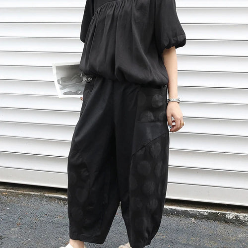 Load image into Gallery viewer, Women Black Irregular Pleated Big Size Casual T-shirt New Round Neck Short Sleeve Fashion Tide Spring Summer 2025 1DJ0558
