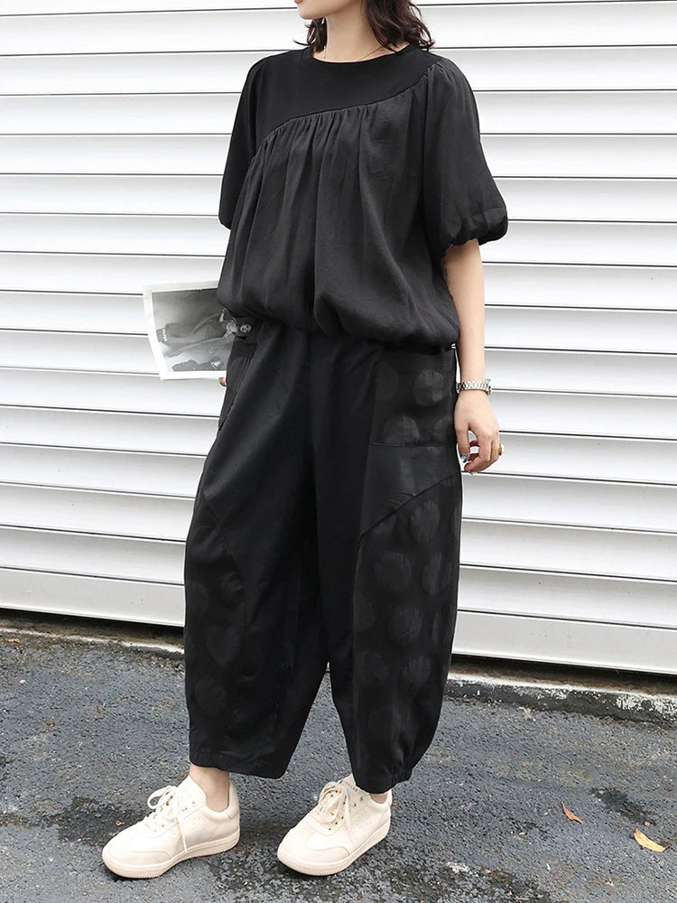 Women Black Irregular Pleated Big Size Casual T-shirt New Round Neck Short Sleeve Fashion Tide Spring Summer 2025 1DJ0558