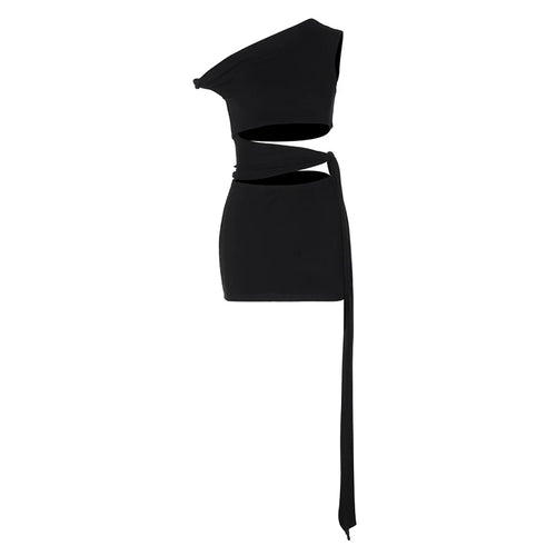 Load image into Gallery viewer, Hollow Out Oblique Shoulder Sexy Mini Dress For Women Robe Summer Black Sleeveless Backless Draped Skinny Club Dress
