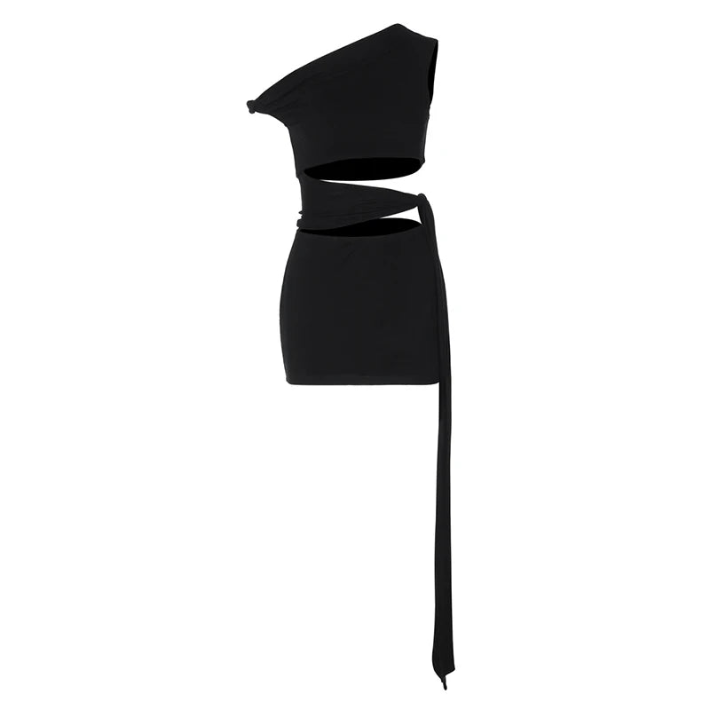 Hollow Out Oblique Shoulder Sexy Mini Dress For Women Robe Summer Black Sleeveless Backless Draped Skinny Club Dress