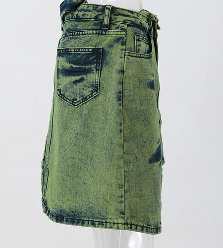 Hit Color Denim Skirts For Women High Waist Patchwork Pocket Loose A Line Asymmetrical Skirt Female Fashion