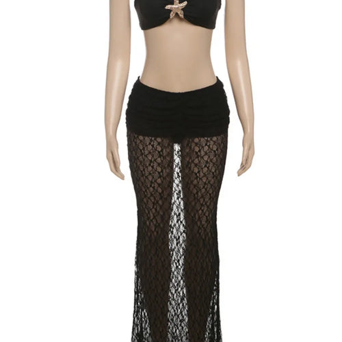 Load image into Gallery viewer, Strapless Sexy Tops And Skirt 2 Pieces Sets Wome Lace Sleeveless Crop Tops And See Through Long Skirt Two Pieces Sets
