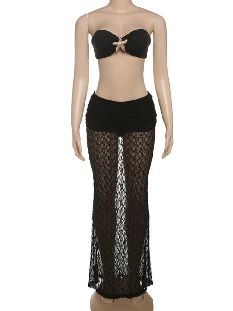 Strapless Sexy Tops And Skirt 2 Pieces Sets Wome Lace Sleeveless Crop Tops And See Through Long Skirt Two Pieces Sets
