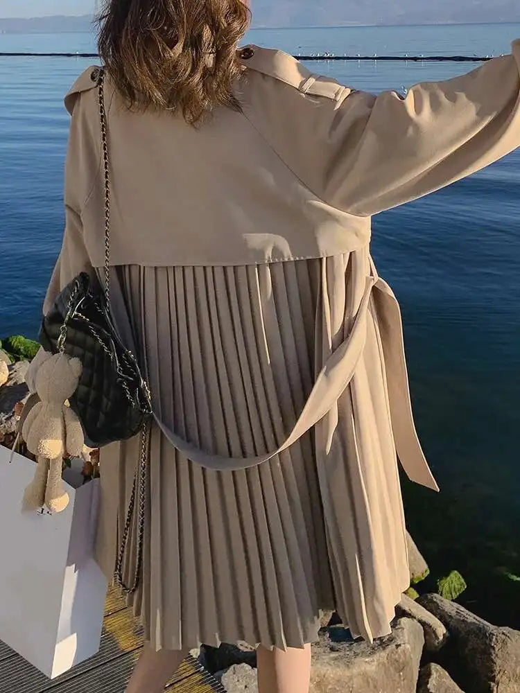 Women Khaki Back Pleated Big Size Elegant Trench New Lapel Long Sleeve Windbreaker Fashion Tide Spring Autumn 2025 1DH9716