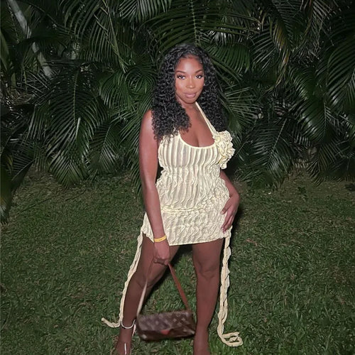 Load image into Gallery viewer, Halter Floral Pleated Sexy Mini Dress For Women Robe Fashion Sleeveless Backless Draped Club Party Dress Elegant
