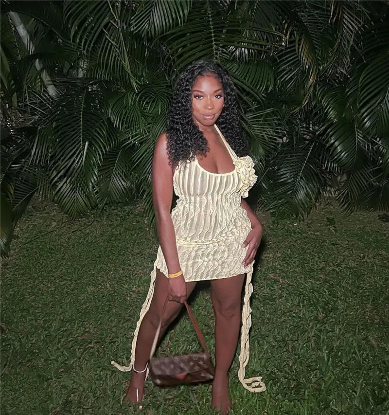 Halter Floral Pleated Sexy Mini Dress For Women Robe Fashion Sleeveless Backless Draped Club Party Dress Elegant