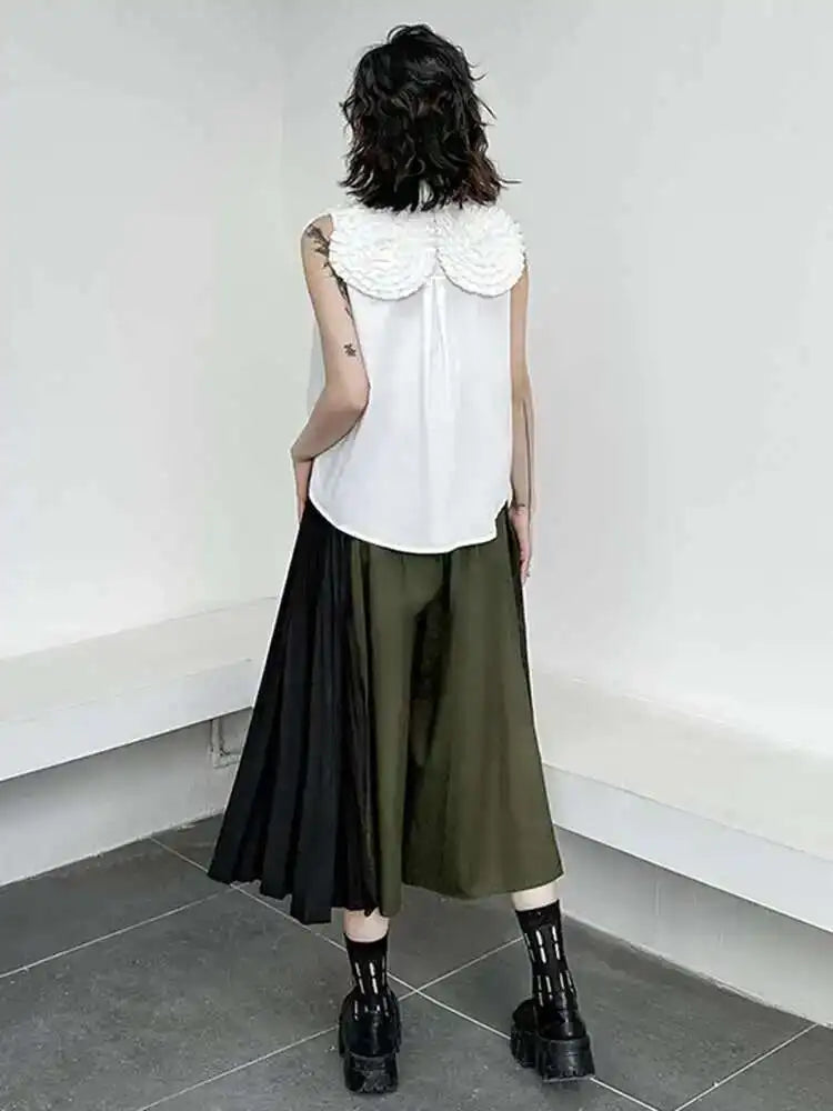 High Elastic Waist Army Green Color-block Pleated Wide Leg Pants New Trousers Women Fashion Spring Autumn 2025 1DH5281