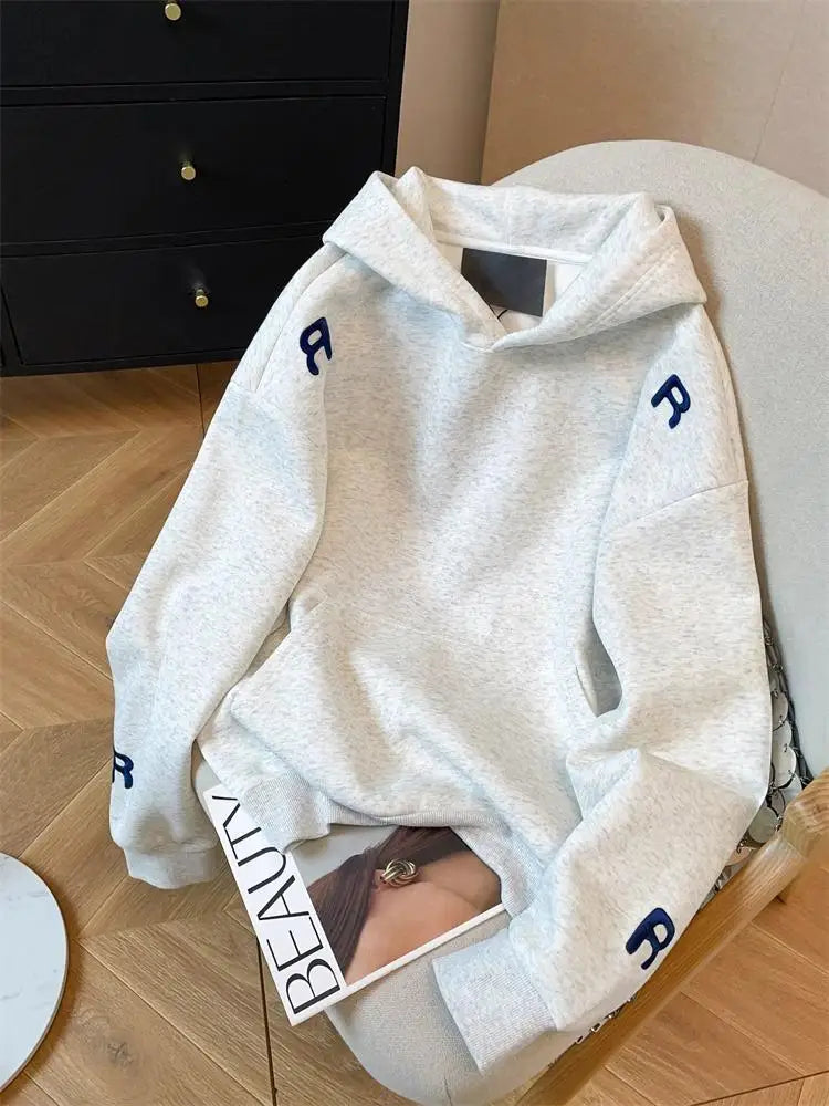 Y2k Women Gray Print Loose Hoodies Long Sleeve Sweatshirt Spring Autumn Blue Letter Embroidery Elegant Pocket Pullover Tops 2024