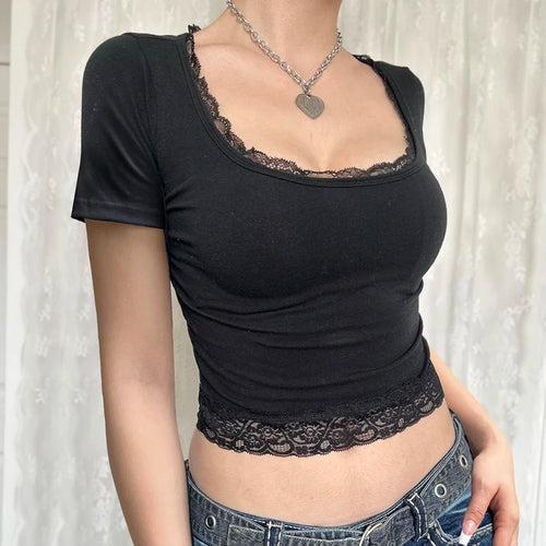 Load image into Gallery viewer, Vintage Y2K Skinny Summer T-shirts for Women Short Sleeve Tees 2000s Aesthetic Basic Casual Cropped Top Square Neck
