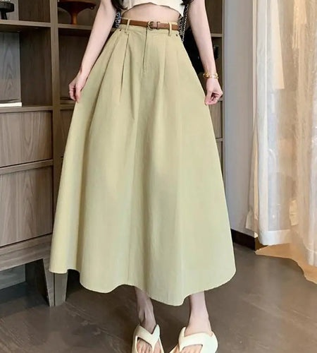 French Fashion Women's Black Beige Elegant Pleated Long Skirt Spring Summer Khaki High Waist Pocket Skirts Popular Versatile New