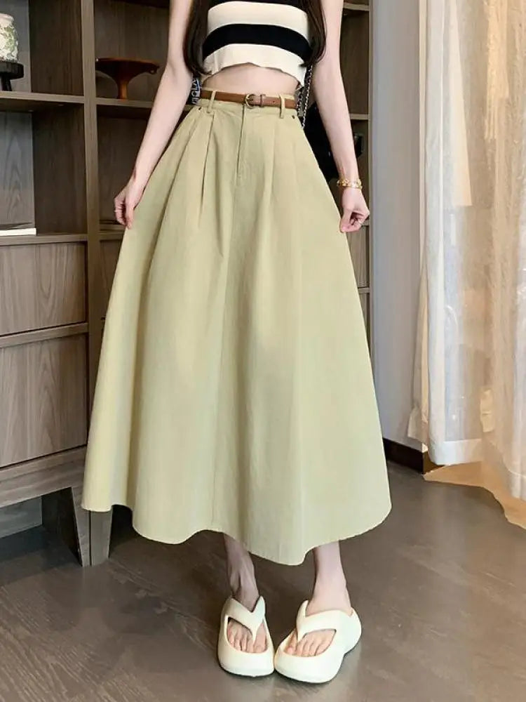 French Fashion Women's Black Beige Elegant Pleated Long Skirt Spring Summer Khaki High Waist Pocket Skirts Popular Versatile New