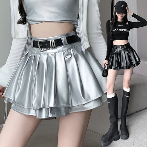 Load image into Gallery viewer, Black With Belt Pleated Pu Leather Ball Gown Skirt Women Autumn Winter 2023 New Silvery High Waist Slim A-line Short Puffy Skirt
