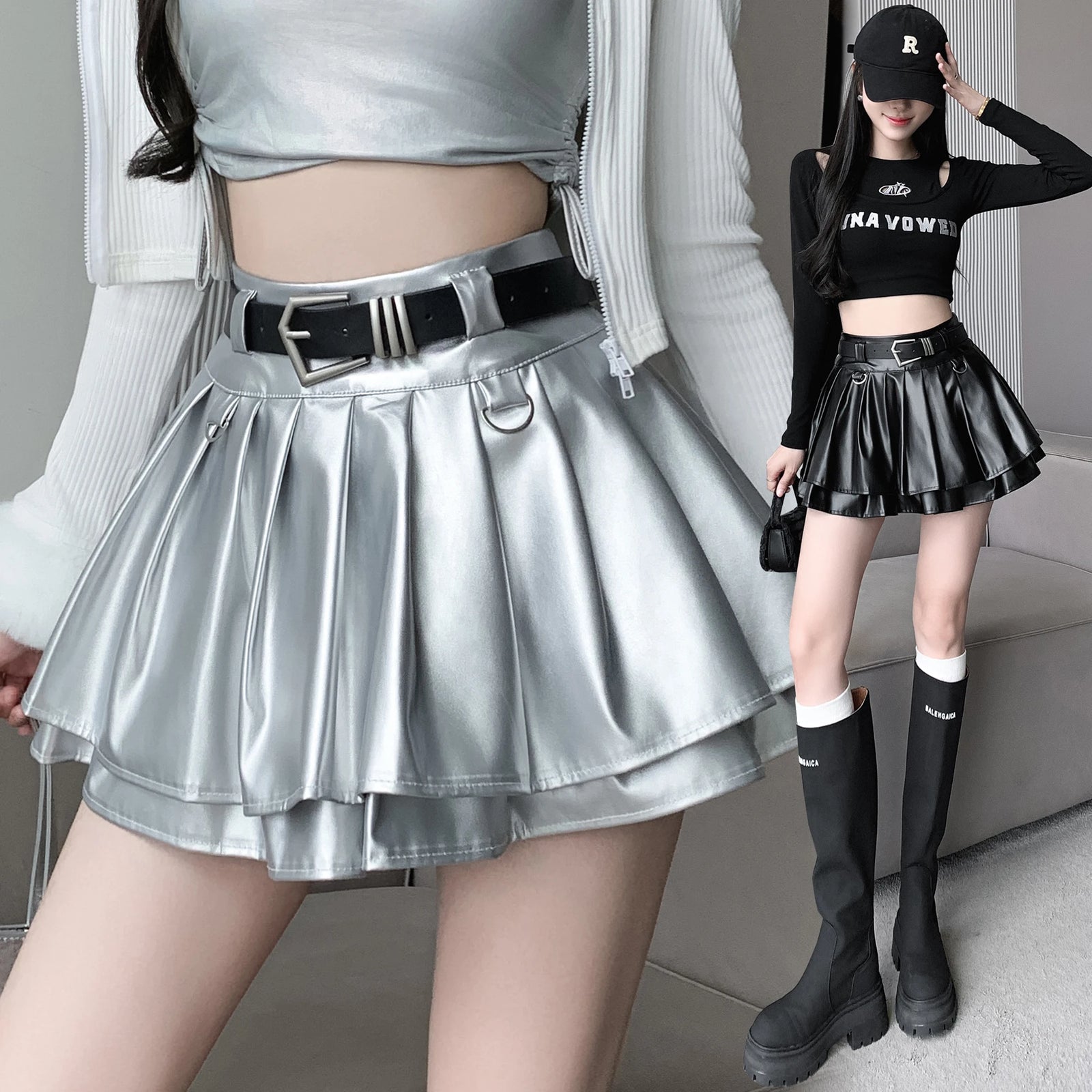 Black With Belt Pleated Pu Leather Ball Gown Skirt Women Autumn Winter 2023 New Silvery High Waist Slim A-line Short Puffy Skirt