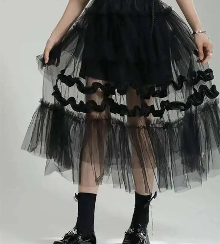 High Elastic Waist Black Irregular Mesh Perspective Midi Half-body Skirt Women Fashion Tide New Spring Autumn 2025 1DF7528