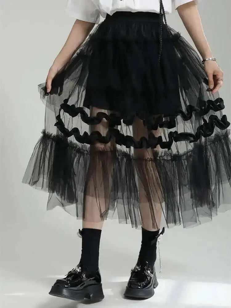 High Elastic Waist Black Irregular Mesh Perspective Midi Half-body Skirt Women Fashion Tide New Spring Autumn 2025 1DF7528