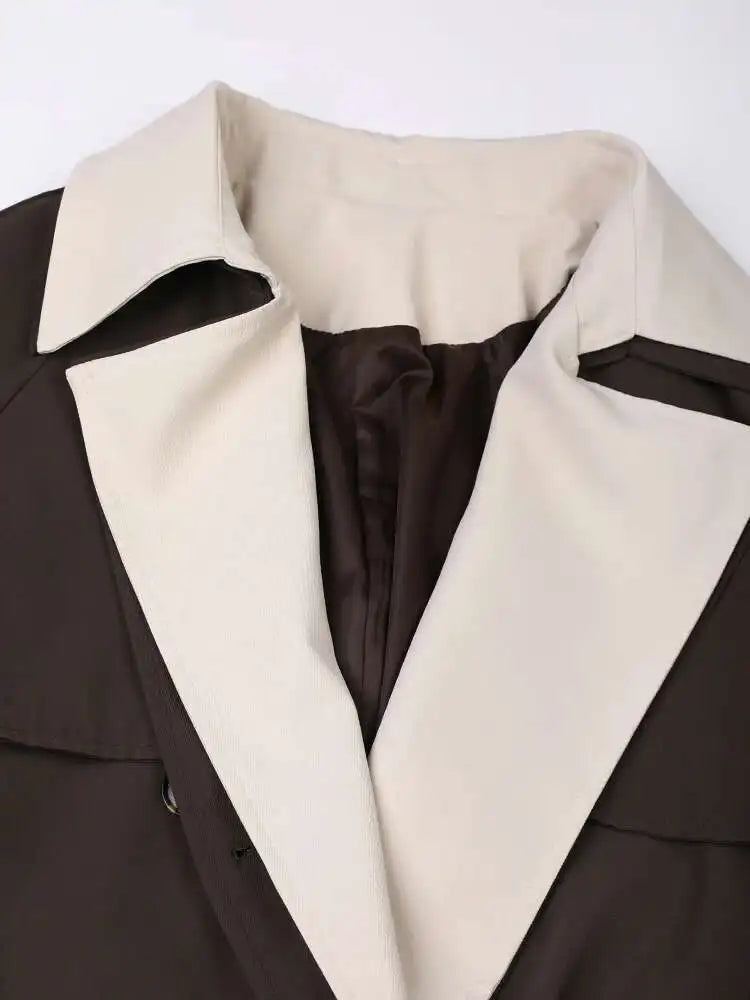 Women Brown Color-block Big Size Long Trench New Lapel Long Sleeve Windbreaker Fashion Tide Spring Autumn 2025 2AA310104