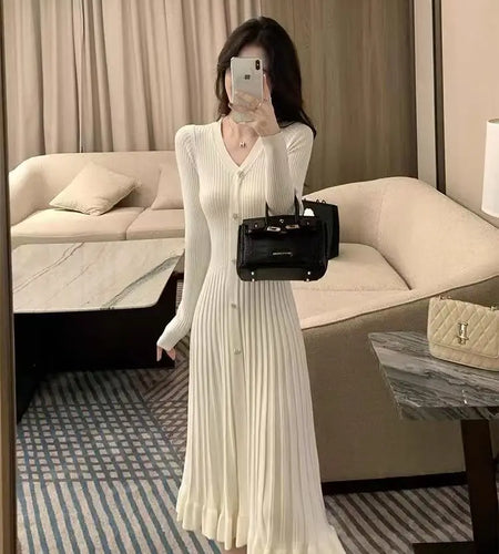 French Women Black Beige Long Sleeve Knitted Dress 2024 New Autumn Winter Ladies Pink V-neck Single Breasted Ruffles Dress Trend