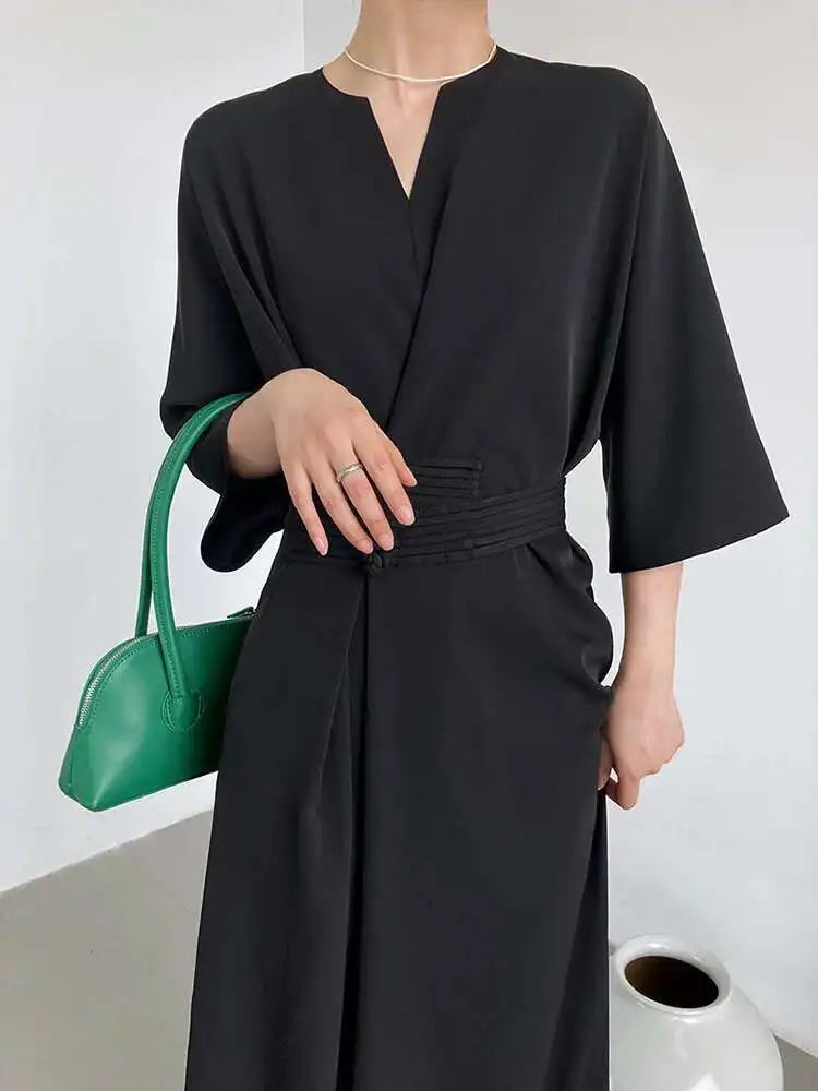 Women Black Buckle Long Elegant Dress New Round Neck Three-quarter Sleeve Loose Fit Fashion Spring Autumn 2025 1DE7880