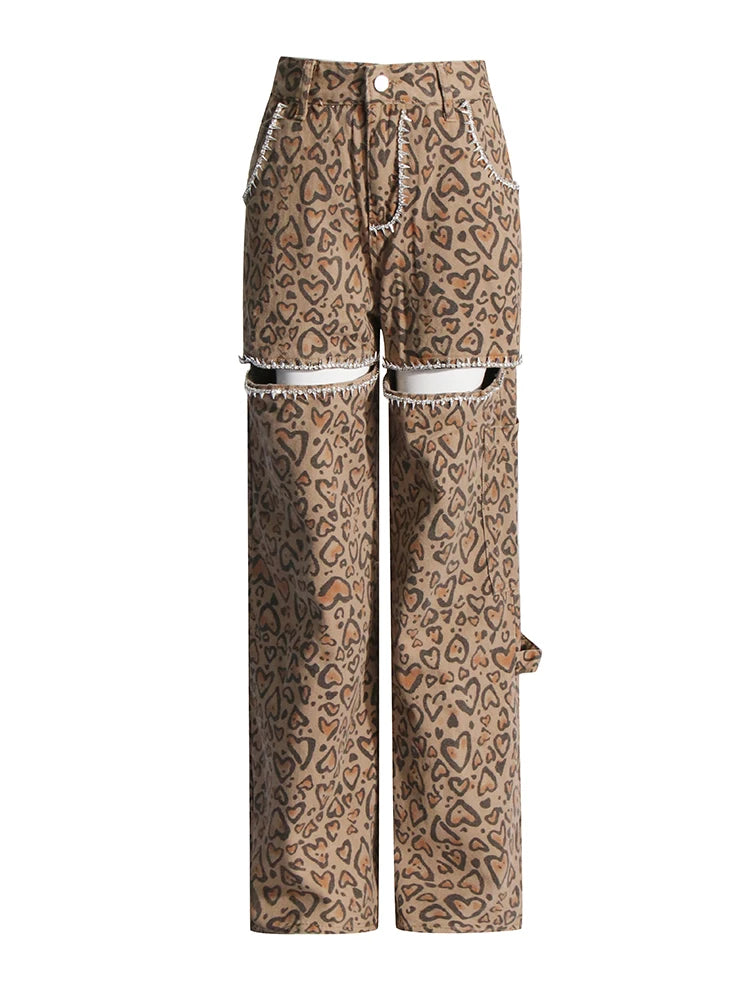 Patchwork Rivet Leopard Casual Denim Trousers For Women High Waist Hollow Out Streetwear Loose Wide Leg Jeans Female Style