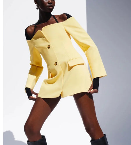 Elegant Long Sleeved Suit Dress Women Button Slim One Shoulder Dress Female Summer New 2024 Sexy Pocket Suit Streetwear