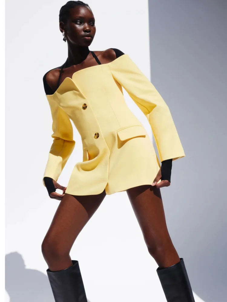 Elegant Long Sleeved Suit Dress Women Button Slim One Shoulder Dress Female Summer New 2024 Sexy Pocket Suit Streetwear