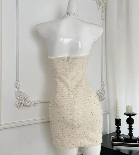 Summer Women Beige Sleeveless Temperament Hollow Out Halter Short Dress French Vintage Elegant Festival Backless Chic Mini Dress