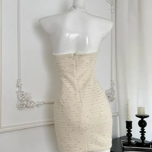 Load image into Gallery viewer, Summer Women Beige Sleeveless Temperament Hollow Out Halter Short Dress French Vintage Elegant Festival Backless Chic Mini Dress
