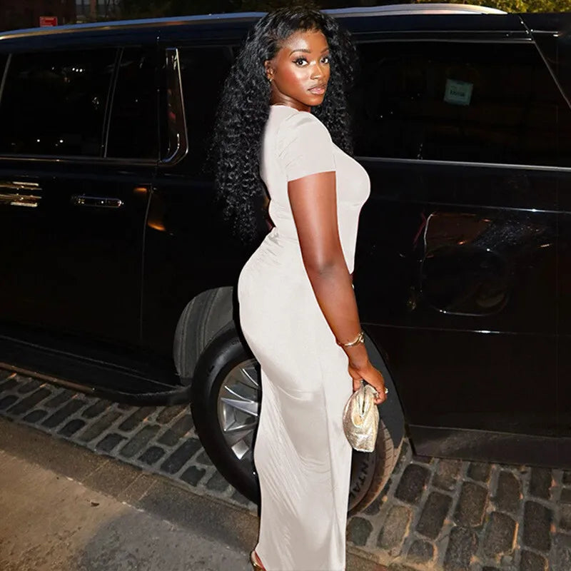 Short Sleeve Ruched Sexy Maxi Dress For Women Fashion Summer New Solid High Waist Slim Fit Elegant Long Dress Vestido