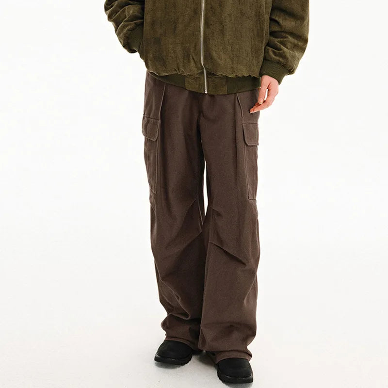 American Style Men's Cargo Pants Casual Pleated Solid Color Thickened Menswear Straight Leg Male Trousers Autumn 9C9293