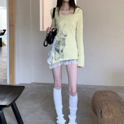 Load image into Gallery viewer, Irregular Lace Patchwork Women Y2k Aesthetic Tops Streetwear Cartoon Printing Slim Fit T-shirt 2025 Harajuku Grunge Fairy Tops
