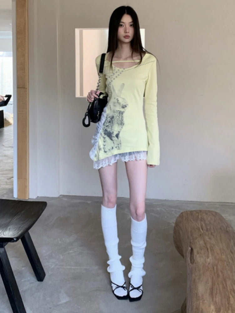 Irregular Lace Patchwork Women Y2k Aesthetic Tops Streetwear Cartoon Printing Slim Fit T-shirt 2025 Harajuku Grunge Fairy Tops