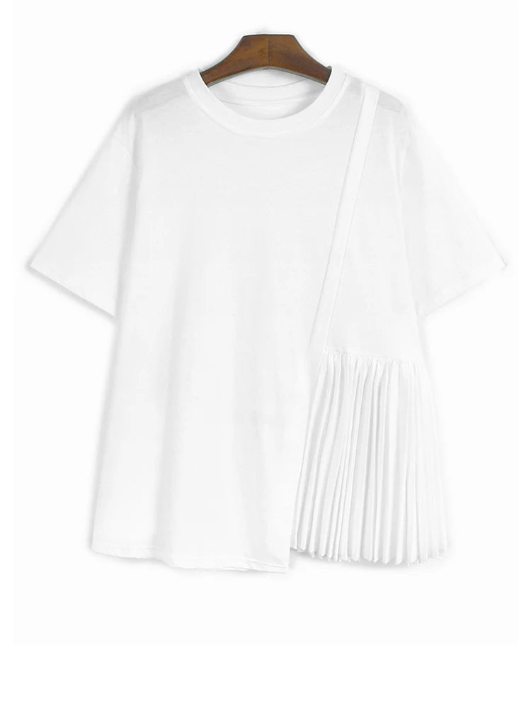 Women Blue Color-block Pleated Big Size T-shirt New Round Neck Short Sleeve Fashion Tide Spring Summer 2025 1DJ1225