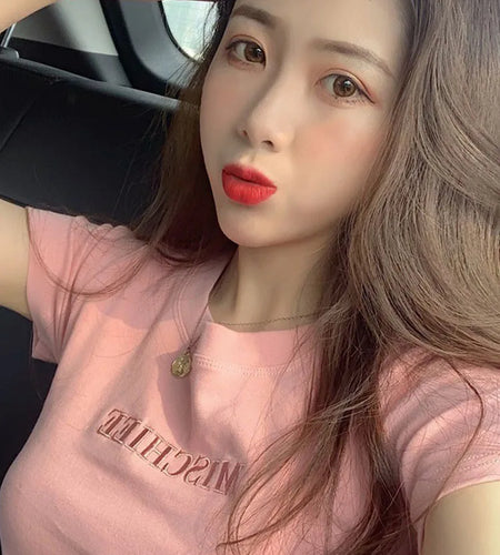 Women Short Sleeve Top Pure Ladies T-shirt Brand Letter Summer Embroidered Clothing Slim Cotton Pure Color Fashion Round Neck