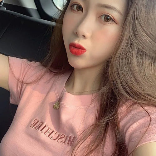 Load image into Gallery viewer, Women Short Sleeve Top Pure Ladies T-shirt Brand Letter Summer Embroidered Clothing Slim Cotton Pure Color Fashion Round Neck
