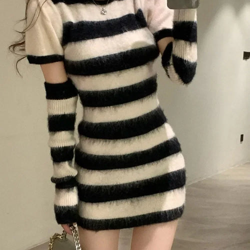 Load image into Gallery viewer, Knitted Sweater Striped Mini Bodycon Dress Women Autumn Winter Korean Style Kpop Casual Streetwear Short Dresses
