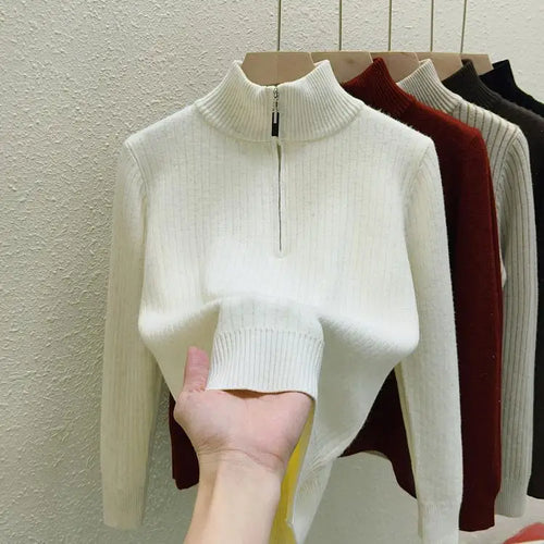 Load image into Gallery viewer, Simplicity 2024 Autumn Winter Solid Velvet Elegant Festival Sweater Korean Fashion Women Long Sleeve Half Zipper Knit Tops Thick
