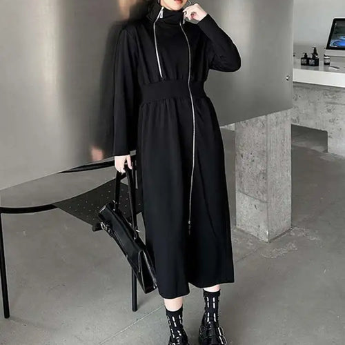 Load image into Gallery viewer, Women Black Zipper Irregular Hem Slit Midi Dress New Turtleneck Long Sleeve Fashion Tide Spring Autumn 2025 1DH9354
