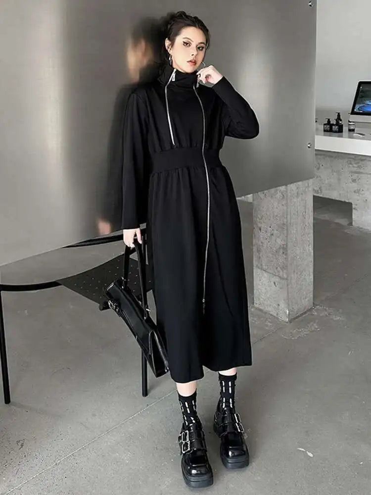 Women Black Zipper Irregular Hem Slit Midi Dress New Turtleneck Long Sleeve Fashion Tide Spring Autumn 2025 1DH9354