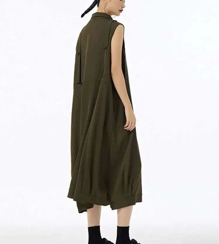 Women Army Green Button Big Size Midi Casual Shirt Dress New Lapel Sleeveless Fashion Tide Spring Summer 2025  1DH6614